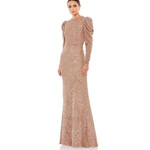 Mac Duggal SEQUINED HIGH NECK PUFF LONG SLEEVE COLUMN GOWN nwt